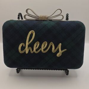 NEW Talbots Cheers Blue Green Plaid Clutch Bag with Gold Script Party New Year's